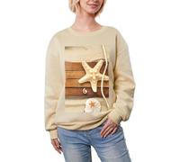 JEJEA Ocean Beach Tema Stampa Inverno Pile Foderato Caldo Casual Tops, Donna Oversize Manica Lunga Pullover Felpa Moda, Albicocca, L