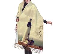 JEJEA Old Lighthouse Print Faux Cashmere Fringe Scialle - Sciarpa invernale calda da donna, morbida e accogliente per il freddo