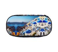 JEJEA Santorini - Astuccio grande per penne e matite, grande capacità, con stampa di isola greca e vista sul mare, grande capienza, Nero , Taglia unica, Organizer per borse