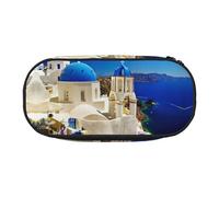 JEJEA Santorini - Astuccio grande per penne e matite, grande capacità, con stampa di isola greca e vista sul mare, grande capienza, Nero , Taglia unica, Organizer per borse