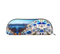 JEJEA Santorini - Astuccio in pelle con cerniera, motivo: isola greca, vista mare, con cerniera, astuccio per matite, astuccio per matite, astuccio per trucchi e cosmetici, Oro, One Size, Beauty case