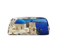JEJEA Santorini - Astuccio in pelle con stampa con vista sul mare, grande capacità, astuccio per cancelleria e penne, borsa versatile per il trucco, Oro, Taglia unica, Beauty case