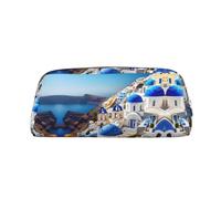 JEJEA Santorini - Astuccio in pelle con stampa con vista sul mare, grande capacità, astuccio per cancelleria e penne, borsa versatile per il trucco, Argento, Taglia unica, Beauty case