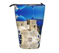 JEJEA Santorini - Astuccio telescopico multifunzione con stampa di isola greca e vista sul mare, astuccio per cancelleria carino astuccio portatile per cosmetici, Nero , Taglia unica, Organizer per
