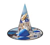 JEJEA Santorini - Cappello da strega da donna, grande, con stampa dell'isola greca e vista sul mare, cappello da strega, cappello da strega, per Halloween, cosplay e feste