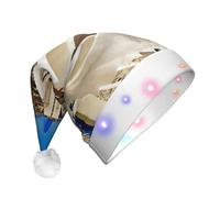 JEJEA Santorini - Cappello di Babbo Natale con stampa con vista sul mare dell'isola greca, per adulti, a LED, con luci, per donne e uomini, forniture per feste di Capodanno