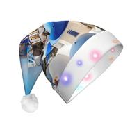 JEJEA Santorini - Cappello di Babbo Natale con stampa con vista sul mare dell'isola greca, per adulti, a LED, con luci, per donne e uomini, forniture per feste di Capodanno