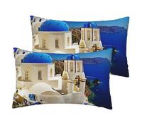 JEJEA Santorini - Set di 2 federe per cuscino con stampa di isola greca, vista mare, 30 x 50 cm, in lino, decorative