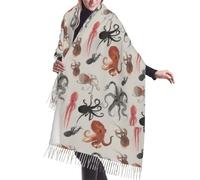 JEJEA Scialle con frange in finto cashmere con stampa a polipo a colori, calda sciarpa invernale da donna, morbida e accogliente per il freddo
