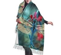JEJEA Scialle con frange in finto cashmere con stampa con libellula sul fiore - Sciarpa invernale calda da donna, morbida e accogliente per la stagione fredda
