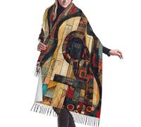 JEJEA Scialle con frange in finto cashmere con stampa con motivo chitarra artistica, calda sciarpa invernale da donna, morbida e accogliente per il freddo