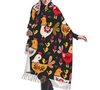 JEJEA Scialle con frange in finto cashmere con stampa di galline e gallo, calda sciarpa invernale da donna, morbida e accogliente per la stagione fredda