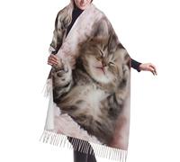JEJEA Scialle con frange in finto cashmere con stampa di gatto addormentato, calda sciarpa invernale da donna, morbida e accogliente per la stagione fredda