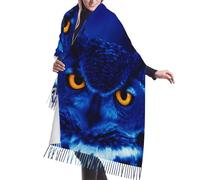 JEJEA Scialle con frange in finto cashmere con stampa di gufo blu, calda sciarpa invernale da donna, morbida e accogliente per la stagione fredda