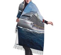 JEJEA Scialle con frange in finto cashmere con stampa di navi da crociera, calda sciarpa invernale da donna, morbida e accogliente avvolgente per il freddo