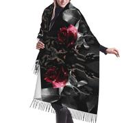 JEJEA Scialle con frange in finto cashmere con stampa gotica con rose nere, calda sciarpa invernale da donna, morbida e accogliente per il freddo