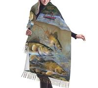JEJEA Scialle con frange in finto cashmere, stampa di pescatori sul lago, calda sciarpa invernale da donna, morbida e accogliente per la stagione fredda
