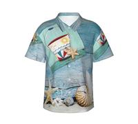 JEJEA Starfish Lighthouse Beach Print Camicia hawaiana da uomo, a maniche corte, abbottonata, camicie estive da spiaggia, top cubano casual, Nero , L