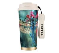 JEJEA Tazza termica in acciaio inox con stampa libellula sul fiore, doppia parete, tazza da caffè da viaggio per casa e ufficio