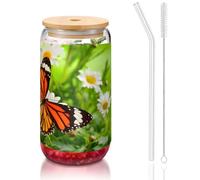 JEJEA Tazze in vetro a forma di farfalla su margherita con coperchi e cannucce in bambù, tazza da caffè, tazze a forma di lattina, bicchieri, cocktail, trasparenti