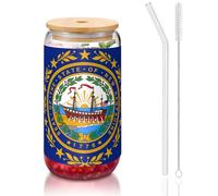 JEJEA Tazze in vetro con bandiera del New Hampshire con coperchi e cannucce in bambù, tazza da caffè, tazze a forma di lattina, bicchieri, cocktail, trasparenti