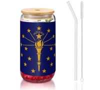JEJEA Tazze in vetro con bandiera dello stato dell'Indiana con coperchi e cannucce in bambù, tazza da caffè, tazze a forma di lattina, bicchieri, cocktail, trasparenti
