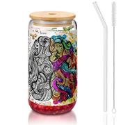 JEJEA Tazze in vetro con coperchio e cannucce, per il cervello sinistro e destro, con coperchio e cannucce, tazza da caffè, a forma di lattina, bicchieri, cocktail, trasparente