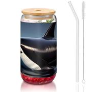 JEJEA Tazze in vetro con stampa orca killer whale con coperchi e cannucce in bambù, tazza da caffè, tazze a forma di lattina, bicchieri, cocktail, trasparenti