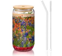 JEJEA Texas Bluebonnets - Bicchieri di vetro con coperchio e cannucce in bambù, a forma di lattina, bicchieri da cocktail, trasparenti