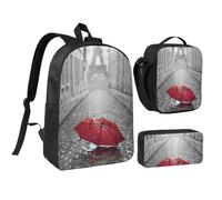 JEJEA Torre Eiffel Parigi Street zaino rosso stampa ombrello con portapranzo Pecnil Case Set 3 in 1, borsa per il pranzo, borsa portapranzo borsa portamatite 43,2 cm per viaggio, Nero , Taglia unica