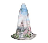 JEJEA Vestaglia con cappuccio per Halloween, cosplay, festa di Natale, con stampa di Parigi, Torre Eiffel con fiori, mantello medievale rinascimentale