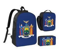 JEJEA Zaino con stampa bandiera dello Stato di New York con portapranzo, set 3 in 1, borsa per libri, borsa per il pranzo, astuccio portapranzo da 43,2 cm, per viaggi, Nero , Taglia unica