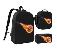 JEJEA Zaino con stampa basket on fire con portapranzo Pecnil Case Set 3 in 1, BookBags Lunchbag Matita Bag 43,2 cm per Viaggio, Nero , Taglia unica