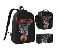 JEJEA Zaino con stampa di basket e portapranzo Pecnil Set 3 in 1, borsa per libri, borsa per il pranzo, borsa portapranzo da 43,2 cm, per viaggi, Nero , Taglia unica