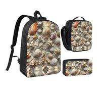 JEJEA Zaino con stampa di conchiglie e sabbia, con portapranzo, set 3 in 1, borsa per libri, borsa per il pranzo e matite, 43,2 cm, per viaggi, Nero , Taglia unica