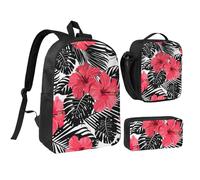 JEJEA Zaino rosso con stampa di ibisco con portapranzo e portapranzo, set 3 in 1, borsa per libri, borsa portapranzo da 43,2 cm, per viaggi, Nero , Taglia unica