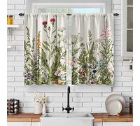 Jekeno Set di tende da cucina per finestre con fiori selvatici primaverili tende corte rustiche piante floreali botaniche vintage fattoria country foglie verdi decorazione asta tasca ripiani