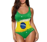 Jekioweii Costume da bagno intero da donna, con push-up, con scollo rotondo, dimagrante, per danza classica, Bandiera del Brasile, L