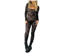 JEKKAH Tuta aderente in pizzo con scollo quadrato a maniche lunghe Streetwear Tuta intera intera autunno 2023 Nuovi abiti, nero, L