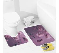 JEKYQ Set di tappeti da bagno da 2 pezzi, tappeti da bagno con fiori su sfondo viola, tappetini da bagno antiscivolo per bagno, decorazione per la casa, lavabile, tappetino da bagno per vasca da