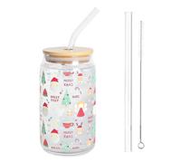 Jelaqmot Color Changing Christmas Cup with Straw and Lid, 16oz Christmas Color Changing Glass Cup with Bamboo Lid, Reusable Holiday Iced Coffee Tumbler for Cold Drinks, Smoothies, Tea (B)