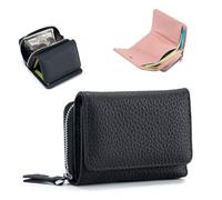 Jelaqmot Unisex Pebble Leather Wallet, Soft Compact RFID Blocking Card Holder with Zipper Coin Pocket, 6 Card Slots, Snap Closure, Small Purse for Men and Women (A-Black)