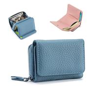 Jelaqmot Unisex Pebble Leather Wallet, Soft Compact RFID Blocking Card Holder with Zipper Coin Pocket, 6 Card Slots, Snap Closure, Small Purse for Men and Women (F-Blue)