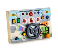Jellybibo Busy Board Montessori Toy, Little Activity Board Toy from 1 Year with Simulated Steering Wheel and LED Light Switches, Wooden Toy, Sensory Toy for Children with Autism, Blu