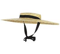Jelord - Cappello di paglia vintage da donna, a tesa larga, a tesa larga, in paglia, derby, da spiaggia, con fascia per il mento, tesa: 12 cm, beige, tesa: 12 cm, Beige, Brim:12cm