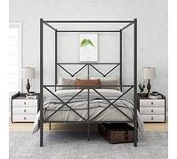 JELUTE Struttura letto a baldacchino matrimoniale con testiera e pediera in metallo, stile moderno, piattaforma in acciaio resistente, colore nero