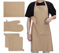 JEMIDI Set 1x Grembiule Cucina 2x Presine 1x Strofinaccio 1x Guanto - 100% Cotone Resistente - Idea Regalo Mamma Nonna - Certificazione CE per Protezione dal Calore - Beige