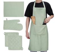 JEMIDI Set 1x Grembiule Cucina 2x Presine 1x Strofinaccio 1x Guanto - 100% Cotone Resistente - Idea Regalo Mamma Nonna - Certificazione CE per Protezione dal Calore - Verde Menta