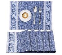 Set 6 Tovagliette Americane Lavabili Cotone - Stampa Floreale Blu Stile Boho