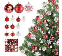 Jemmytu 52 Pezzi Palline di Natale Rosse Bianche Verde Oro Nero, Decorazioni Albero di Natale, Palle di Natale con Cordino, Decorazioni Natalizie (Rosso+Bianco)